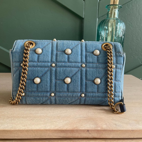 ❌SOLD❌Gucci GG Marmont Denim Pearl Small Flap Bag - Picture 4 of 14